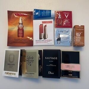Clarins double serum lip oil balm lancôme serum dior paco rabanne sample